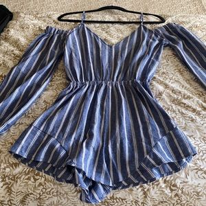 Striped Jean Romper with fitted waist and wrist cuffs